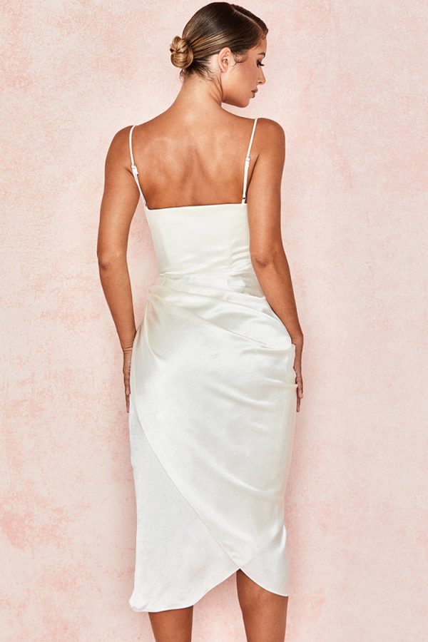 Silky Satin Cowl Neck High Slit Cocktail Party Midi Dress - White Silky Satin Cowl Neck High Slit Cocktail Party Midi Dress - White