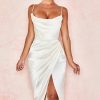 Silky Satin Cowl Neck High Slit Cocktail Party Midi Dress - White Silky Satin Cowl Neck High Slit Cocktail Party Midi Dress - White