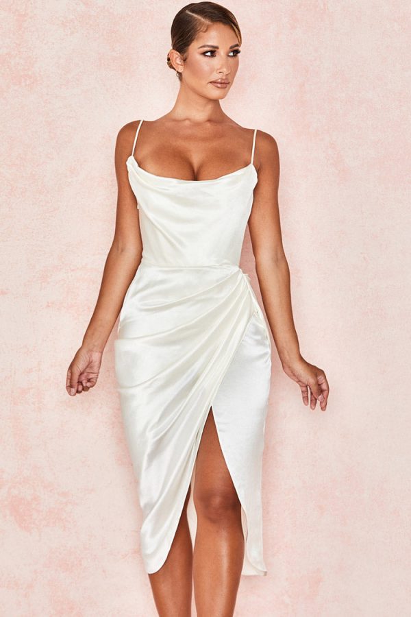 Silky Satin Cowl Neck High Slit Cocktail Party Midi Dress - White Silky Satin Cowl Neck High Slit Cocktail Party Midi Dress - White