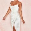 Silky Satin Cowl Neck High Slit Cocktail Party Midi Dress - White Silky Satin Cowl Neck High Slit Cocktail Party Midi Dress - White