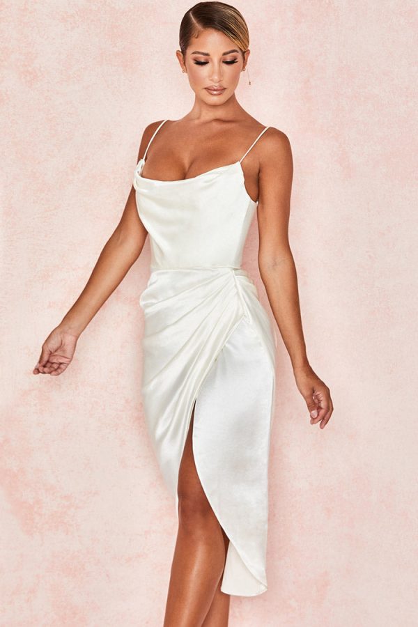 Silky Satin Cowl Neck High Slit Cocktail Party Midi Dress - White Silky Satin Cowl Neck High Slit Cocktail Party Midi Dress - White