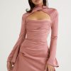 Silky Satin High Neck Long Sleeve Cutout Party Mini Dress - Pink Silky Satin High Neck Long Sleeve Cutout Party Mini Dress - Pink