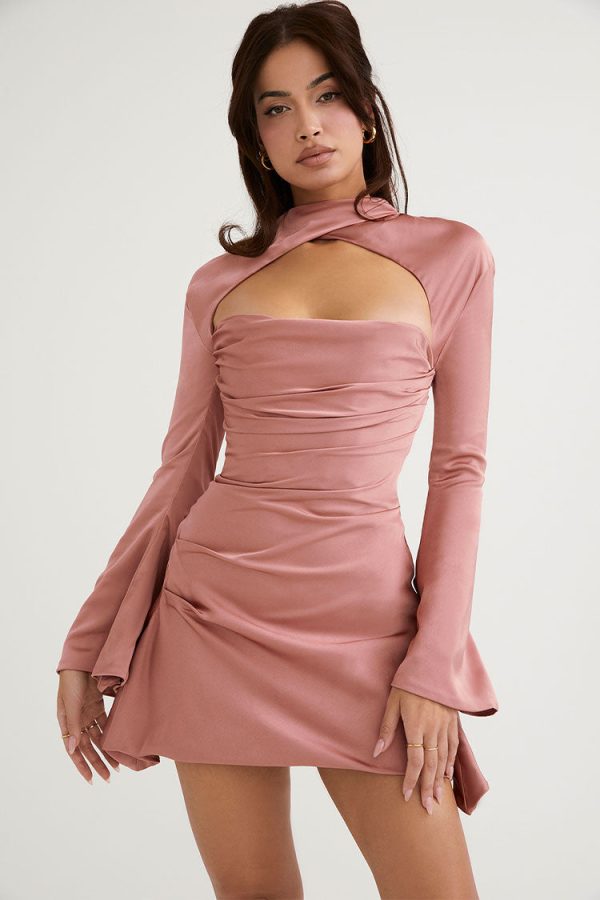 Silky Satin High Neck Long Sleeve Cutout Party Mini Dress - Pink Silky Satin High Neck Long Sleeve Cutout Party Mini Dress - Pink