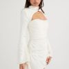 Silky Satin High Neck Long Sleeve Cutout Party Mini Dress - White Silky Satin High Neck Long Sleeve Cutout Party Mini Dress - White
