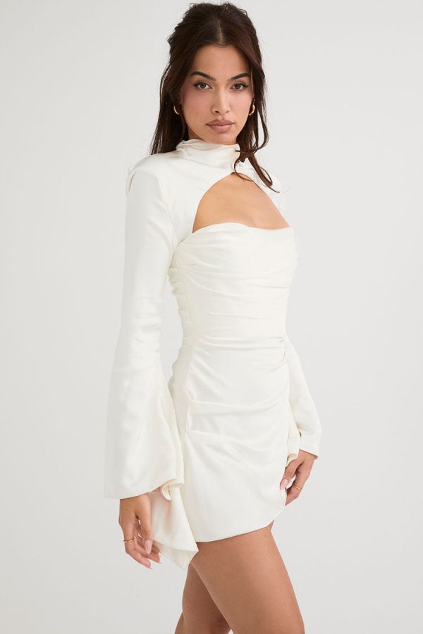 Silky Satin High Neck Long Sleeve Cutout Party Mini Dress - White Silky Satin High Neck Long Sleeve Cutout Party Mini Dress - White