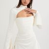 Silky Satin High Neck Long Sleeve Cutout Party Mini Dress - White Silky Satin High Neck Long Sleeve Cutout Party Mini Dress - White