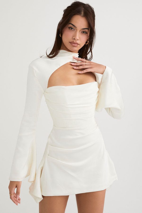 Silky Satin High Neck Long Sleeve Cutout Party Mini Dress - White Silky Satin High Neck Long Sleeve Cutout Party Mini Dress - White