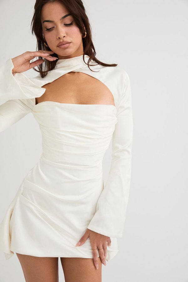 Silky Satin High Neck Long Sleeve Cutout Party Mini Dress - White Silky Satin High Neck Long Sleeve Cutout Party Mini Dress - White