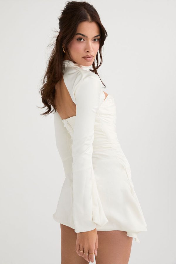 Silky Satin High Neck Long Sleeve Cutout Party Mini Dress - White Silky Satin High Neck Long Sleeve Cutout Party Mini Dress - White
