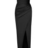 Silky Satin Notch V Strapless Draped Cocktail Party Midi Dress - Black Silky Satin Notch V Strapless Draped Cocktail Party Midi Dress - Black