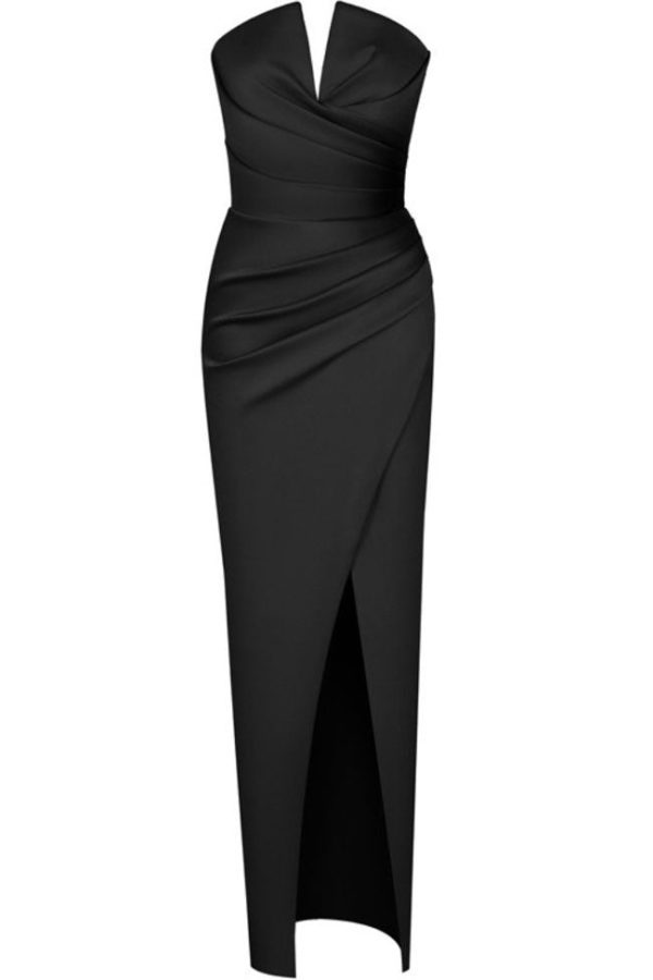 Silky Satin Notch V Strapless Draped Cocktail Party Midi Dress - Black Silky Satin Notch V Strapless Draped Cocktail Party Midi Dress - Black