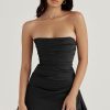 Silky Satin Pleated Trim Corset Strapless Party Mini Dress - Black Silky Satin Pleated Trim Corset Strapless Party Mini Dress - Black