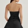 Silky Satin Pleated Trim Corset Strapless Party Mini Dress - Black Silky Satin Pleated Trim Corset Strapless Party Mini Dress - Black