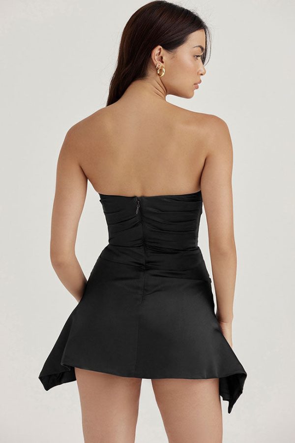 Silky Satin Pleated Trim Corset Strapless Party Mini Dress - Black Silky Satin Pleated Trim Corset Strapless Party Mini Dress - Black