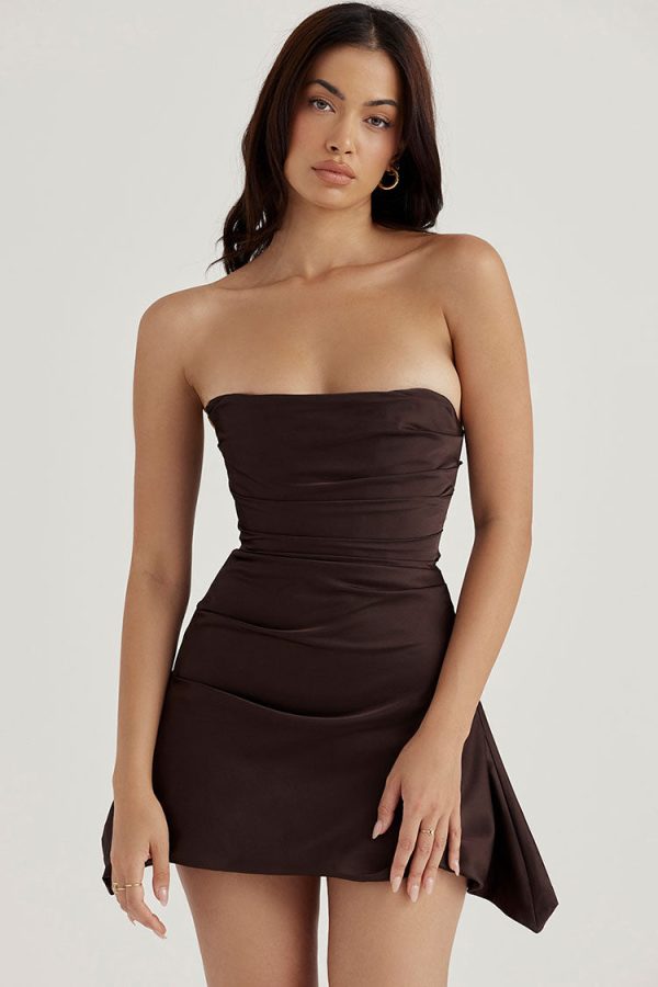 Silky Satin Pleated Trim Corset Strapless Party Mini Dress - Chocolate Silky Satin Pleated Trim Corset Strapless Party Mini Dress - Chocolate