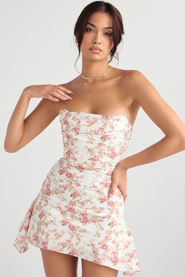 Silky Satin Pleated Trim Corset Strapless Party Mini Dress - Floral Silky Satin Pleated Trim Corset Strapless Party Mini Dress - Floral