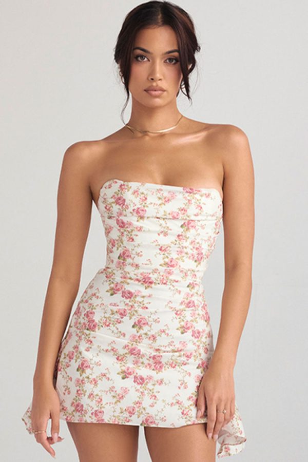 Silky Satin Pleated Trim Corset Strapless Party Mini Dress - Floral Silky Satin Pleated Trim Corset Strapless Party Mini Dress - Floral