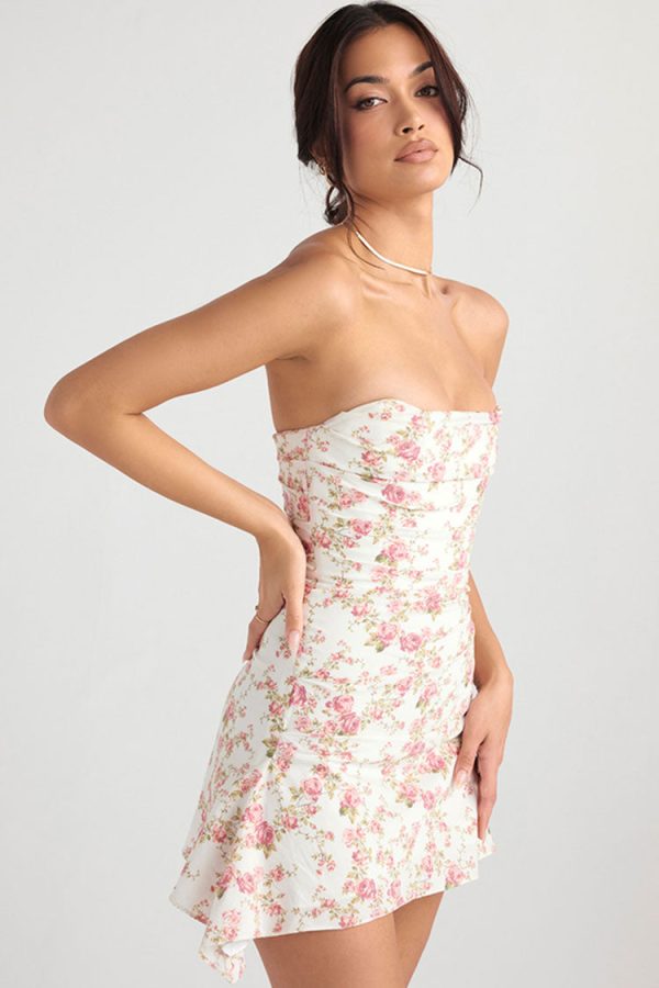 Silky Satin Pleated Trim Corset Strapless Party Mini Dress - Floral Silky Satin Pleated Trim Corset Strapless Party Mini Dress - Floral