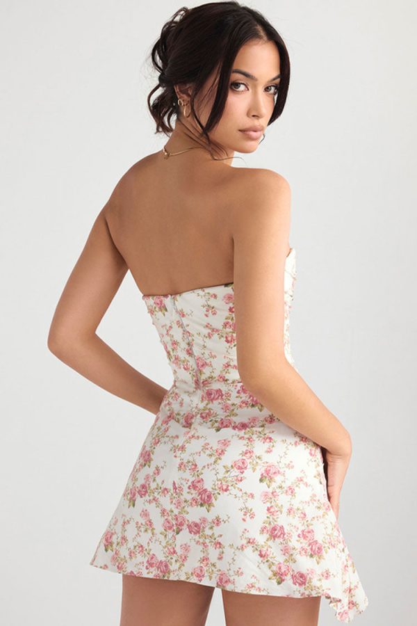 Silky Satin Pleated Trim Corset Strapless Party Mini Dress - Floral Silky Satin Pleated Trim Corset Strapless Party Mini Dress - Floral