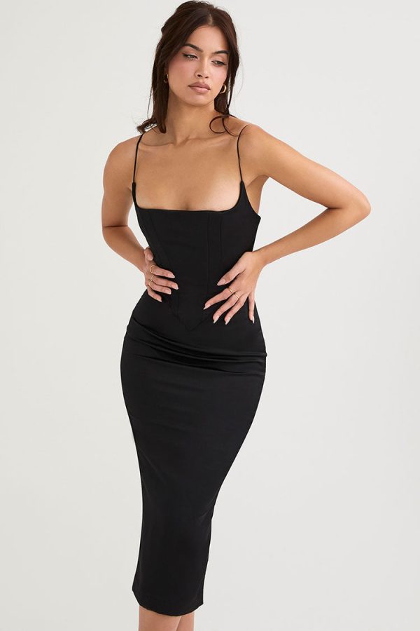 Silky Satin Square Neck Cami Slip Cocktail Party Midi Dress - Black Silky Satin Square Neck Cami Slip Cocktail Party Midi Dress - Black