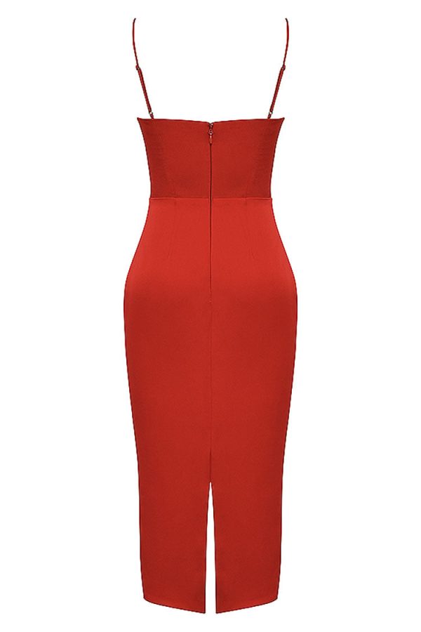 Silky Satin Square Neck Cami Slip Cocktail Party Midi Dress - Red
