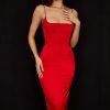 Silky Satin Square Neck Cami Slip Cocktail Party Midi Dress - Red