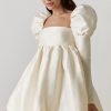 Silky Satin Square Neck Puff Sleeve Babydoll Mini Dress - Beige Silky Satin Square Neck Puff Sleeve Babydoll Mini Dress - Beige