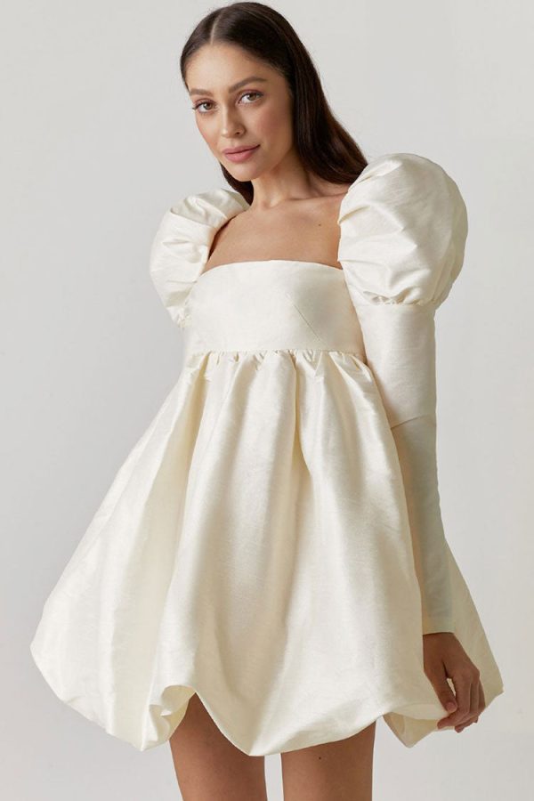 Silky Satin Square Neck Puff Sleeve Babydoll Mini Dress - Beige Silky Satin Square Neck Puff Sleeve Babydoll Mini Dress - Beige