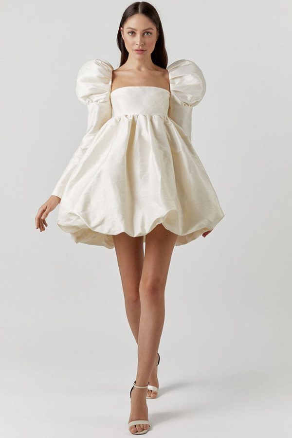 Silky Satin Square Neck Puff Sleeve Babydoll Mini Dress - Beige Silky Satin Square Neck Puff Sleeve Babydoll Mini Dress - Beige