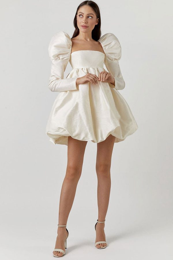 Silky Satin Square Neck Puff Sleeve Babydoll Mini Dress - Beige Silky Satin Square Neck Puff Sleeve Babydoll Mini Dress - Beige