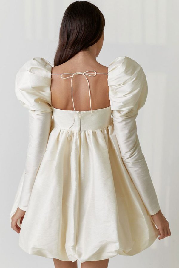 Silky Satin Square Neck Puff Sleeve Babydoll Mini Dress - Beige Silky Satin Square Neck Puff Sleeve Babydoll Mini Dress - Beige
