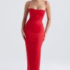 Silky Spaghetti Strap Sleeveless Corset Satin Evening Maxi Dress - Red Silky Spaghetti Strap Sleeveless Corset Satin Evening Maxi Dress - Red