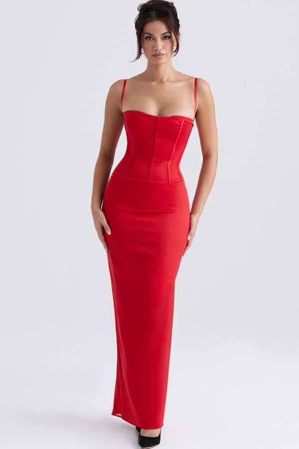 Silky Spaghetti Strap Sleeveless Corset Satin Evening Maxi Dress - Red Silky Spaghetti Strap Sleeveless Corset Satin Evening Maxi Dress - Red