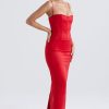 Silky Spaghetti Strap Sleeveless Corset Satin Evening Maxi Dress - Red Silky Spaghetti Strap Sleeveless Corset Satin Evening Maxi Dress - Red