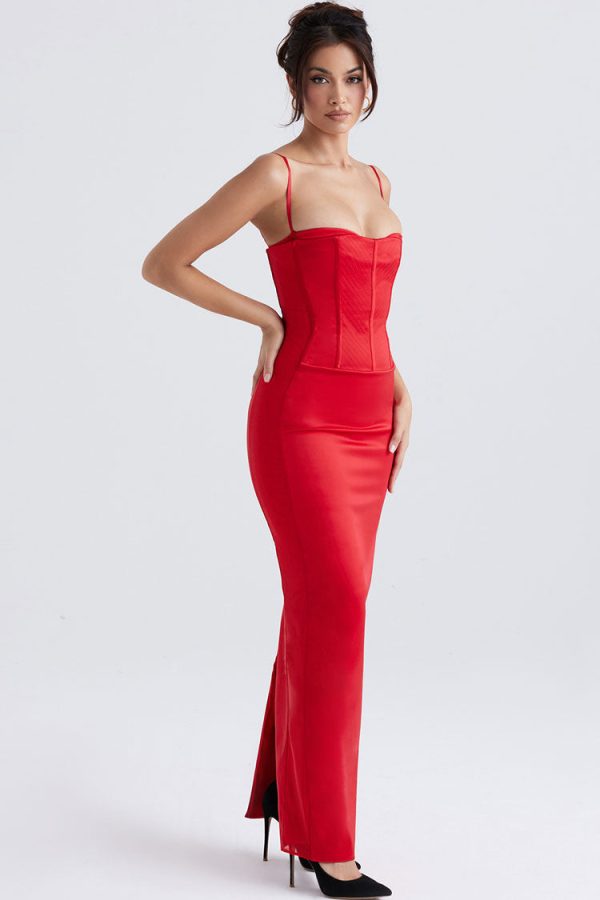 Silky Spaghetti Strap Sleeveless Corset Satin Evening Maxi Dress - Red Silky Spaghetti Strap Sleeveless Corset Satin Evening Maxi Dress - Red