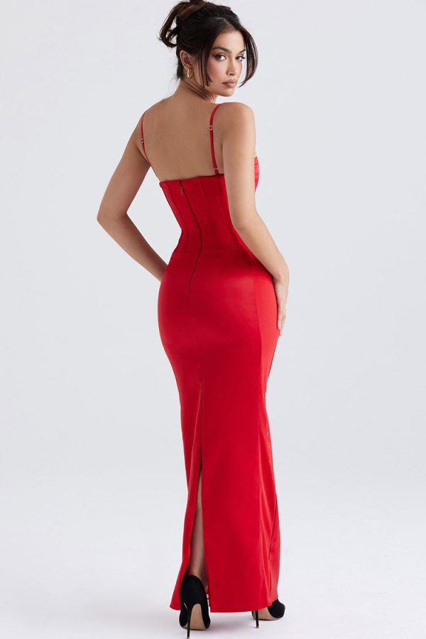 Silky Spaghetti Strap Sleeveless Corset Satin Evening Maxi Dress - Red Silky Spaghetti Strap Sleeveless Corset Satin Evening Maxi Dress - Red