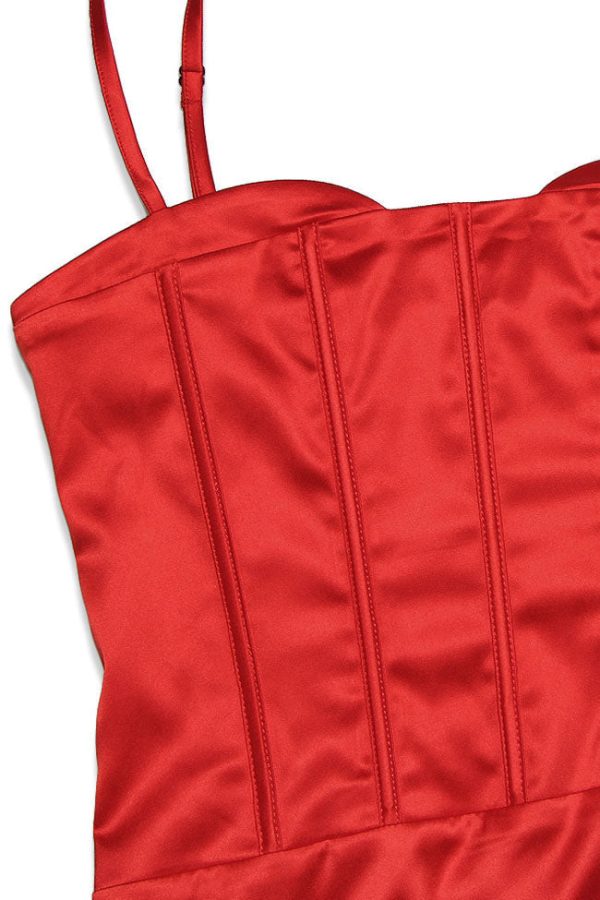 Silky Spaghetti Strap Sleeveless Corset Satin Evening Maxi Dress - Red Silky Spaghetti Strap Sleeveless Corset Satin Evening Maxi Dress - Red