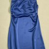 Silky Square Neck Spaghetti Strap Ruched Side Satin Slip Mini Dress - Blue