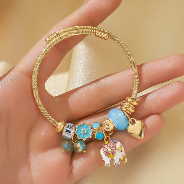 Silver Elephant and Heart Tree Charm Cuff Bracelet for Women Silver Elephant and Heart Tree Charm Cuff Bracelet for Women