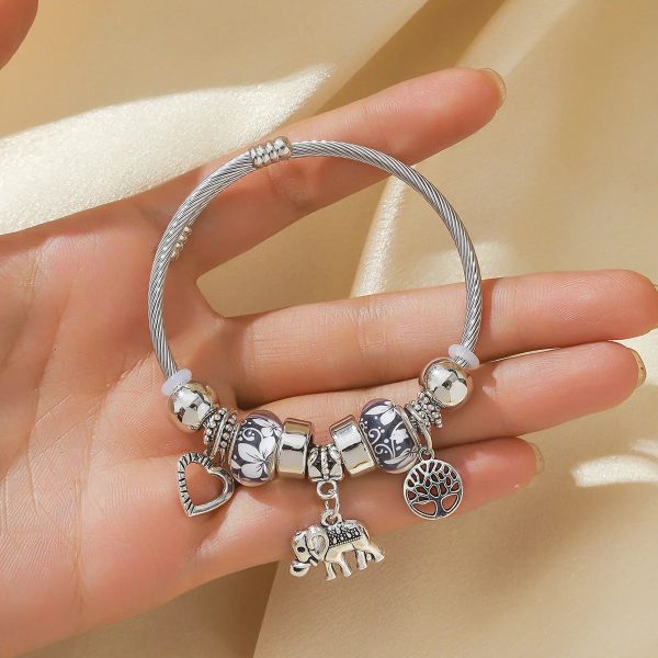 Silver Elephant and Heart Tree Charm Cuff Bracelet for Women Silver Elephant and Heart Tree Charm Cuff Bracelet for Women