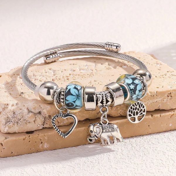 Silver Elephant and Heart Tree Charm Cuff Bracelet for Women Silver Elephant and Heart Tree Charm Cuff Bracelet for Women