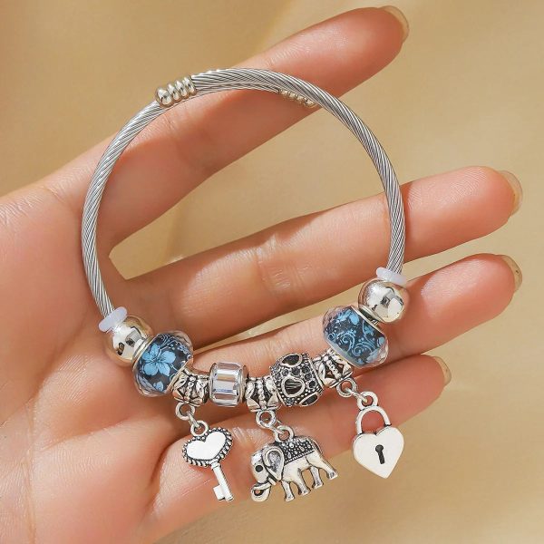 Silver Elephant and Heart Tree Charm Cuff Bracelet for Women Silver Elephant and Heart Tree Charm Cuff Bracelet for Women