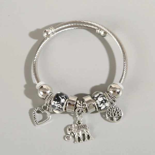 Silver Elephant and Heart Tree Charm Cuff Bracelet for Women Silver Elephant and Heart Tree Charm Cuff Bracelet for Women