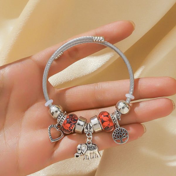 Silver Elephant and Heart Tree Charm Cuff Bracelet for Women Silver Elephant and Heart Tree Charm Cuff Bracelet for Women