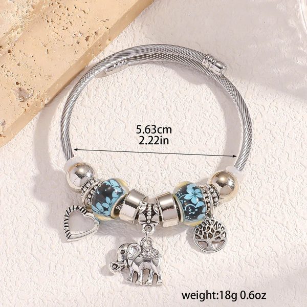 Silver Elephant and Heart Tree Charm Cuff Bracelet for Women Silver Elephant and Heart Tree Charm Cuff Bracelet for Women