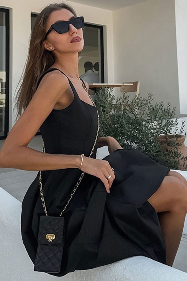 Simple Square Neck Fit and Flare Summer Maxi Tank Sundress - Black Simple Square Neck Fit and Flare Summer Maxi Tank Sundress - Black