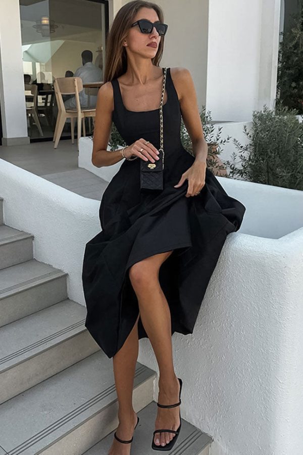 Simple Square Neck Fit and Flare Summer Maxi Tank Sundress - Black Simple Square Neck Fit and Flare Summer Maxi Tank Sundress - Black