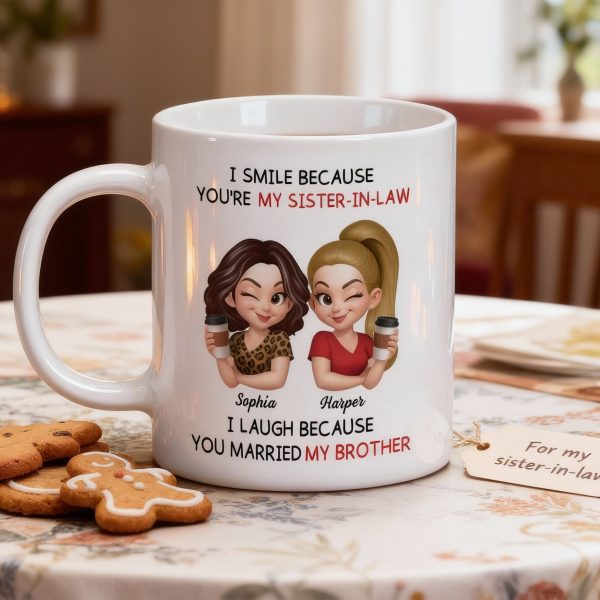Sister-in-Law Mug with Cute Cartoon Art, playful coffee joke, cozy morning sips, a unique gift for your sister-in-law