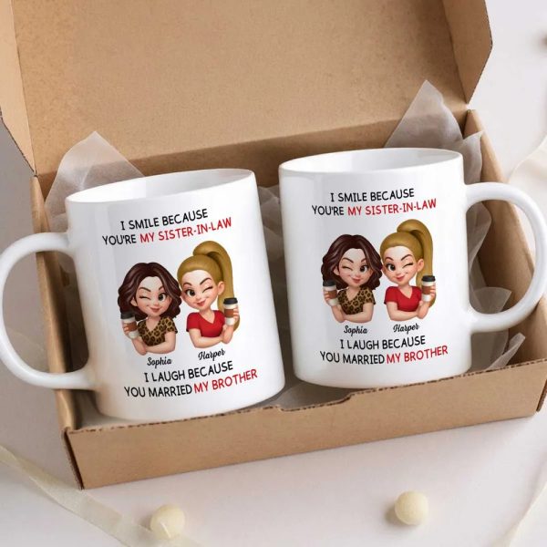 Sister-in-Law Mug with Cute Cartoon Art, playful coffee joke, cozy morning sips, a unique gift for your sister-in-law