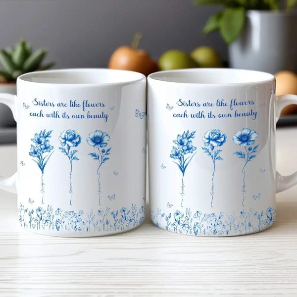 Sisterhood Mug with Names and Flowers Personalized Floral Gift for Sister or Best Friend